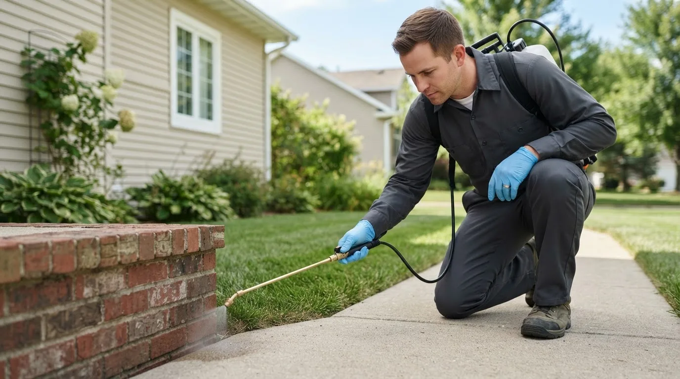 Pest control technician treating a home near Tilton, NH