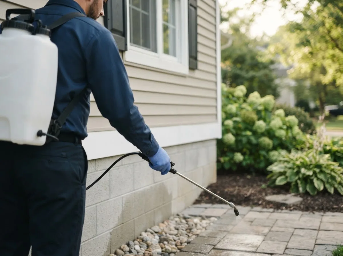 Pest control technician inspecting a home in Tilton, NH